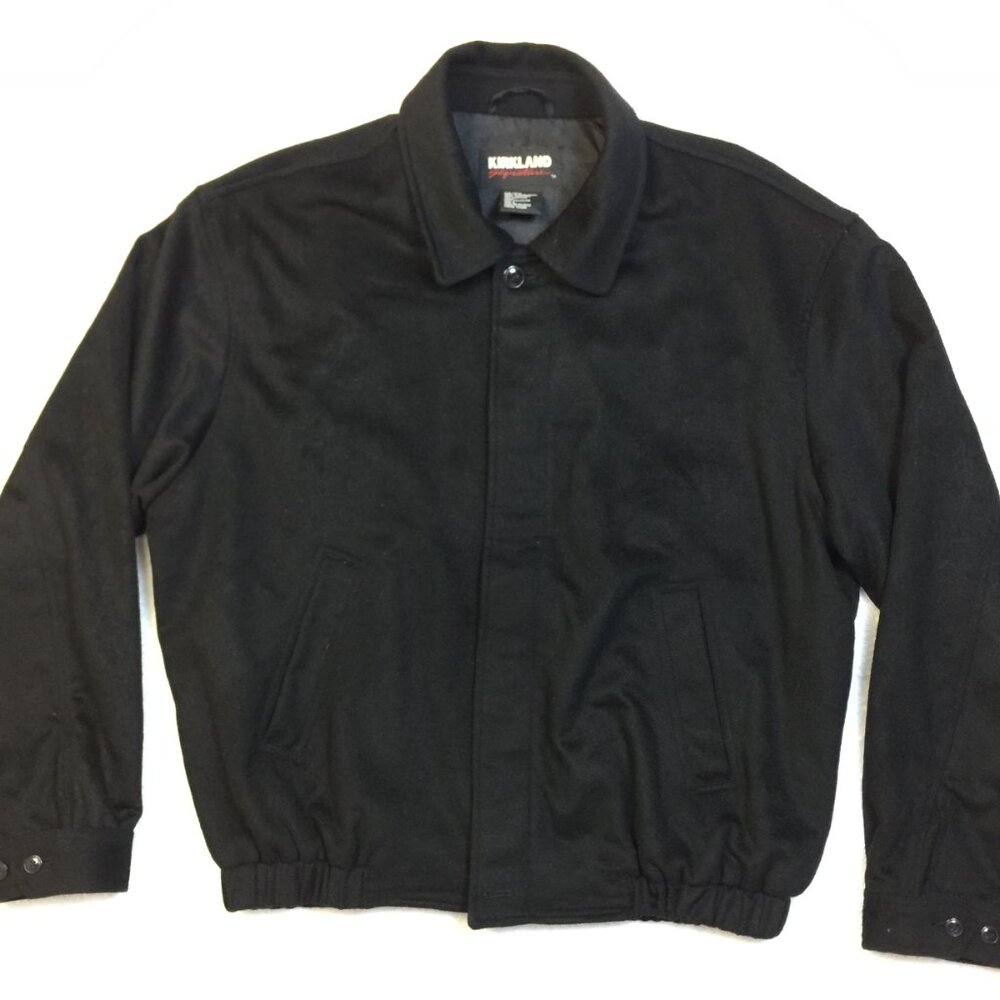 Kirkland Signature Bomber Jacket Mens Size L Black Wool Cashmere Zip Up Vintage